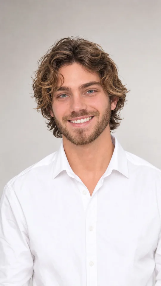 Portrait de studio sur fond clair, chemise blanche, cheveux bouclés, sourire.