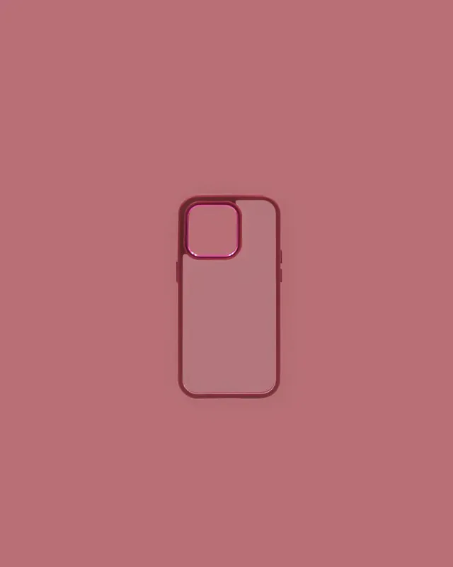 Coque de téléphone transparente à contour framboise, sur fond rose uni.