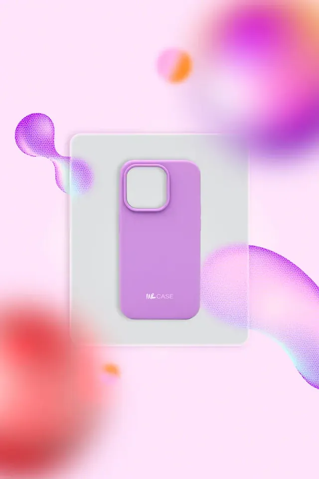 Coque de téléphone lilas posée sur un panneau translucide, entourée de formes colorées.