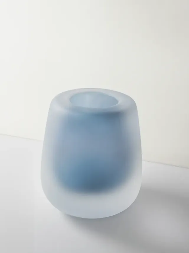 Vase en verre dépoli bleuté, sur fond clair.