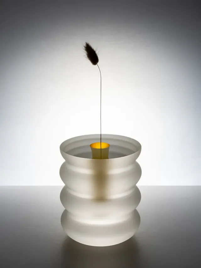Vase en verre dépoli à anneaux, avec une tige séchée.