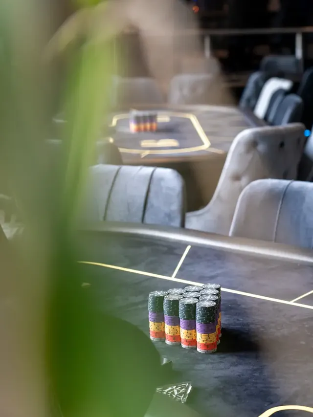 Salle de jeu vue à travers un feuillage, tables éclairées.